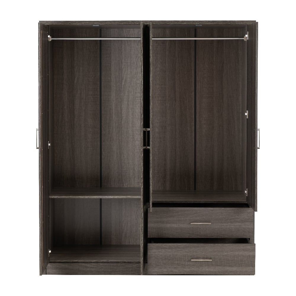 CHOICEWARDROBE Laggan Black 4-door wardrobe interior, open with handles, hanging rails, shelves, and drawers.