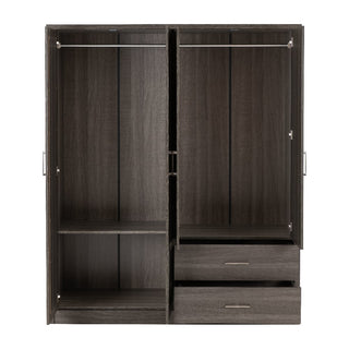 The CHOICEWARDROBE Laggan Black 4 Door Mirrored Wardrobe offers modern bedroom storage with two open doors, two hanging rods, two shelves on the left, and two lower drawers on the right.