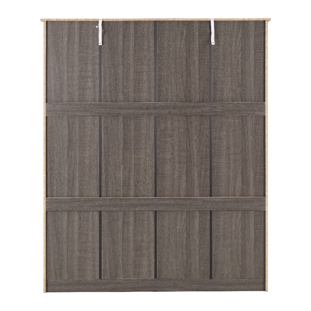 Wardrobe back panel in grey-brown wood effect finish with white mounting brackets.