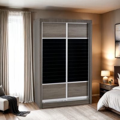 Laggan 2-door sliding wardrobe in grey oak with black glass panels