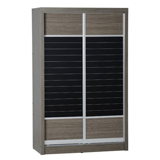 Front view of grey oak Laggan 2 door sliding wardrobe with sleek black glass panels and silver trim.