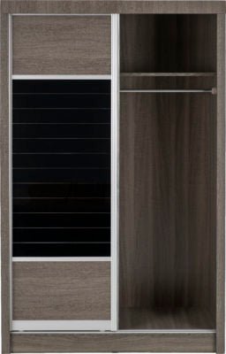 Side detail of Laggan grey oak sliding wardrobe showing black glass panel finish and aluminium handle.