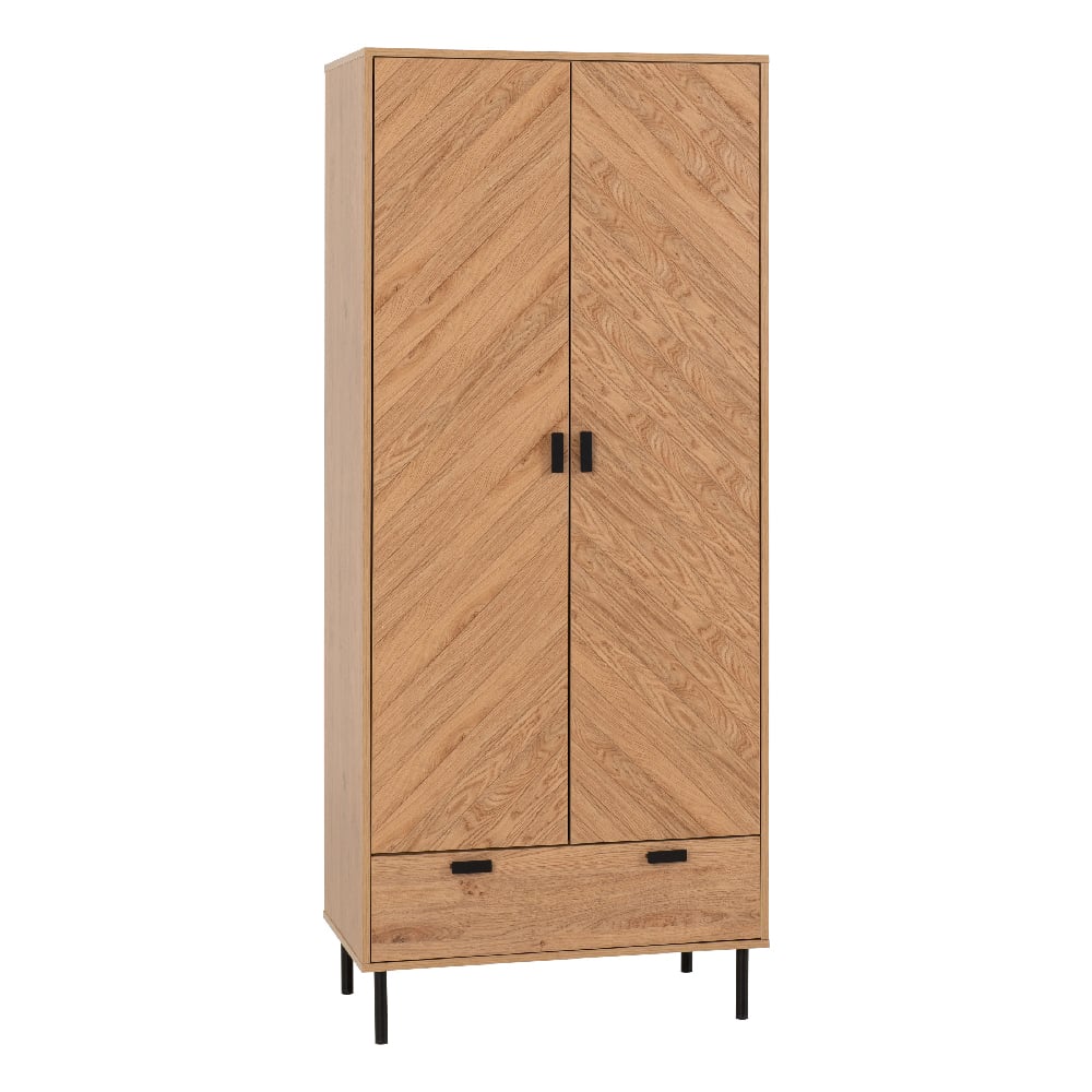 CHOICEWARDROBE Lagos oak wooden wardrobe with chevron front, 2 doors, 1 drawer, and black metal legs.