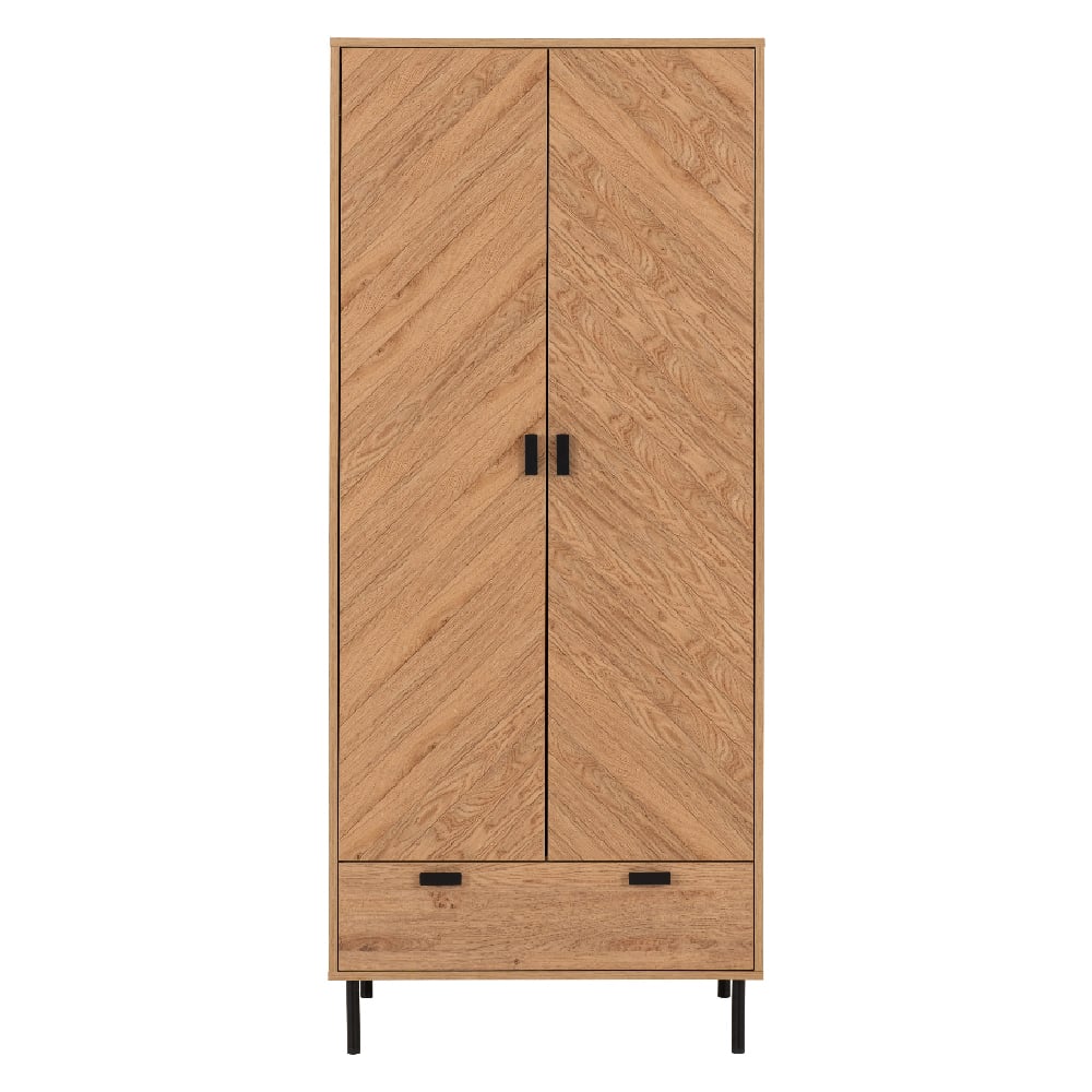 CHOICEWARDROBE Lagos oak wardrobe with two chevron doors, black handles and drawer, on black metal legs.
