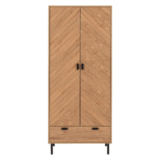 The CHOICEWARDROBE Lagos Wooden Wardrobe features chevron-patterned oak doors with two black handles, a spacious bottom drawer with black pulls, and four black metal legs—offering modern bedroom storage in a natural light brown finish.