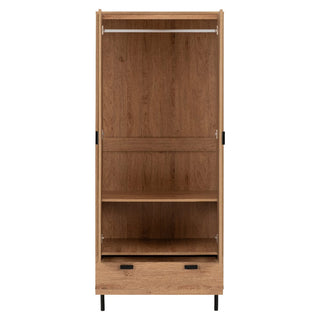 The CHOICEWARDROBE Lagos Wooden Wardrobe features 2 doors, 1 drawer, chevron pattern front, and spacious storage. With modern oak finish and sturdy black metal legs, this 80cm wardrobe is perfect for bedrooms.