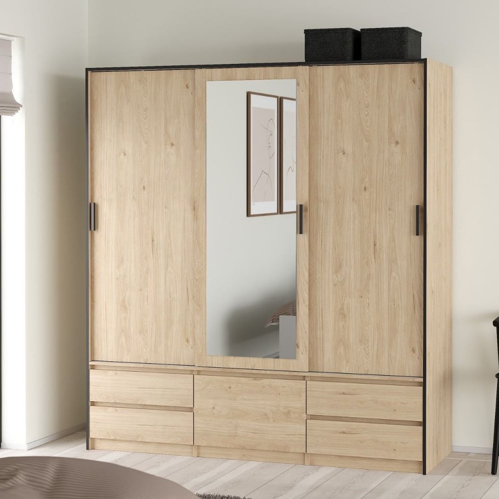 CHOICEWARDROBE Lebanon oak sliding door wardrobe with mirrored centre door and four drawers.