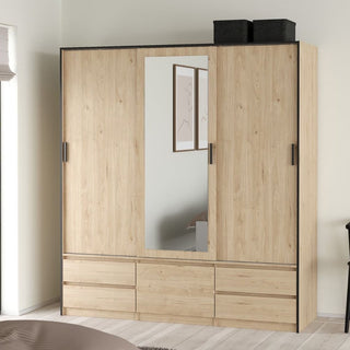 The CHOICEWARDROBE Lebanon Oak Mirrored Sliding Door Wardrobe features a contemporary industrial design with three doors (including a mirrored center), four drawers, and a sleek oak finish.