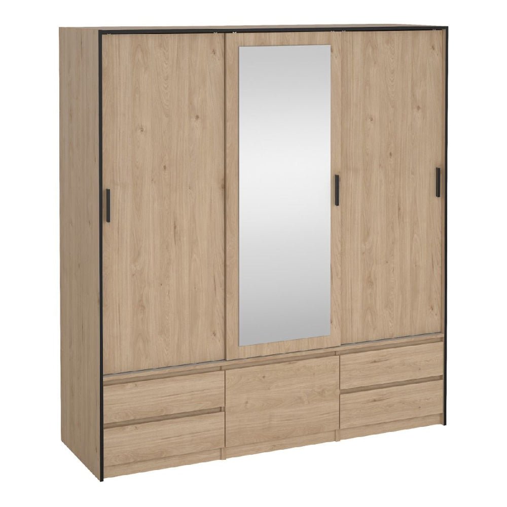 CHOICEWARDROBE 3-door sliding door wardrobe in Lebanon oak with a mirrored centre door and 4 drawers.