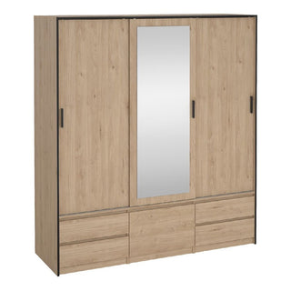 The CHOICEWARDROBE Lebanon Oak Mirrored Sliding Door Wardrobe features 3 doors and 4 drawers in an industrial contemporary design, with a natural oak finish and a full-length mirror on the center door.