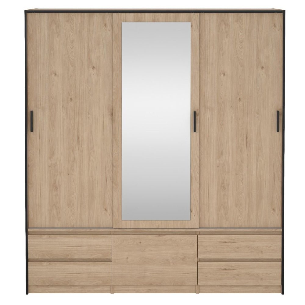 CHOICEWARDROBE 3-door sliding door wardrobe in Lebanon oak with a central mirror and four drawers below.