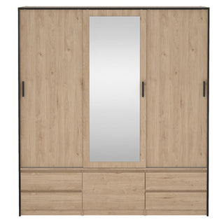 The CHOICEWARDROBE Lebanon Oak Mirrored Sliding Door Wardrobe features 3 doors, a central mirror, and 4 drawers. Its contemporary industrial design in light oak is complemented by sleek black handles for a modern look.