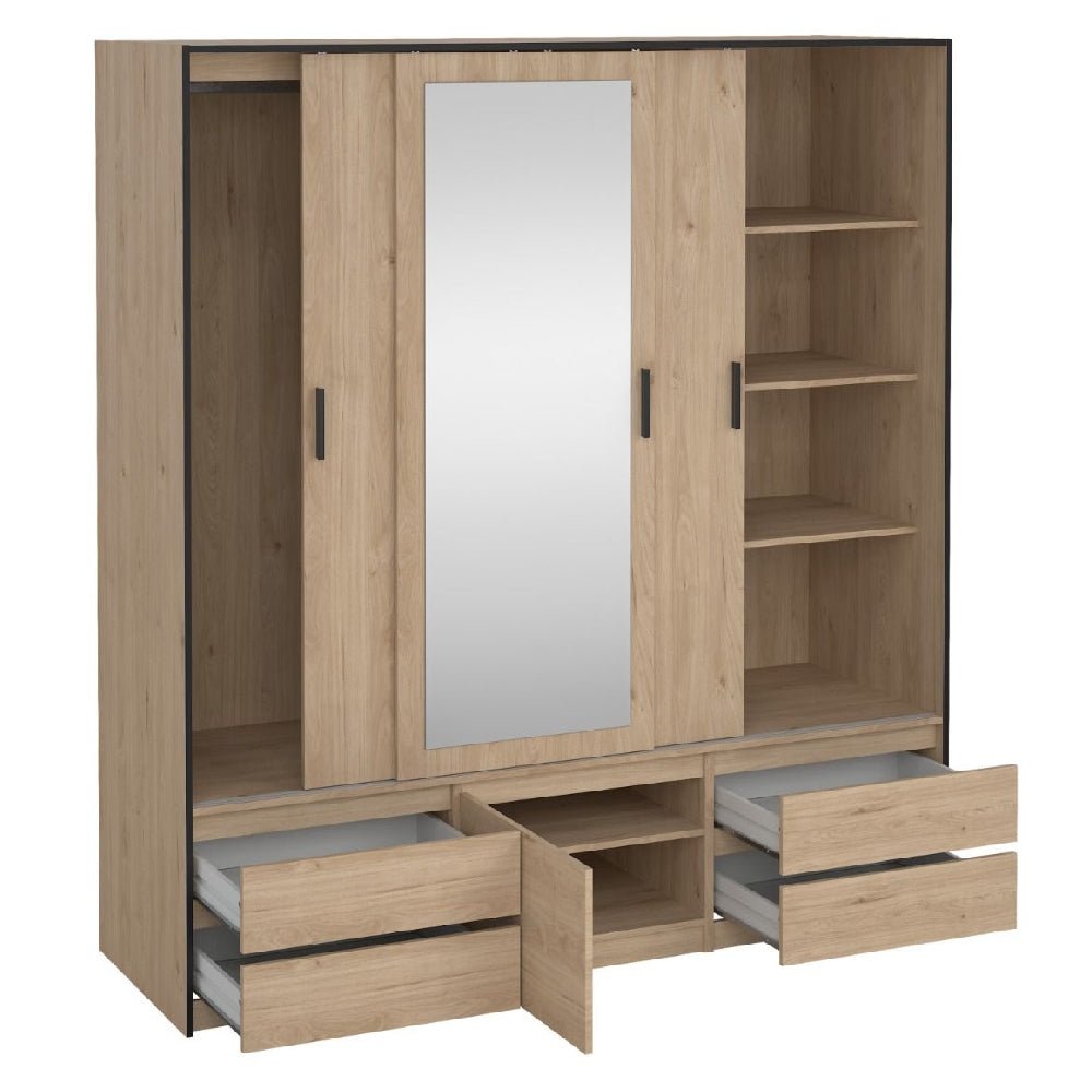 CHOICEWARDROBE 3-door oak wardrobe with mirrored centre door and 4 base drawers