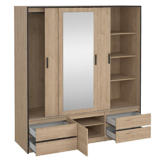 The CHOICEWARDROBE Lebanon Oak Mirrored Sliding Door Wardrobe features 3 doors (one mirrored), open right-side shelving, and 4 spacious drawers, blending industrial style with contemporary design for versatile storage.