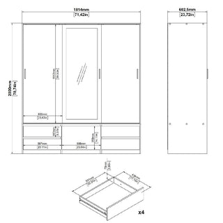 Technical drawing of the CHOICEWARDROBE Lebanon Oak Mirrored Sliding Door Wardrobe (3 doors, 4 drawers) showing the oak finish, central mirrored panel, dimensions in mm/inches, and size of one drawer highlighted.