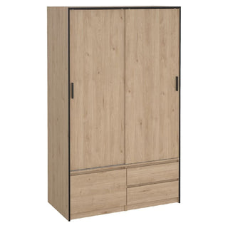 The CHOICEWARDROBE Lebanon Oak Sliding Door Wardrobe features two sliding doors, two drawers, and black trim with matching handles for a stylish industrial modern look.
