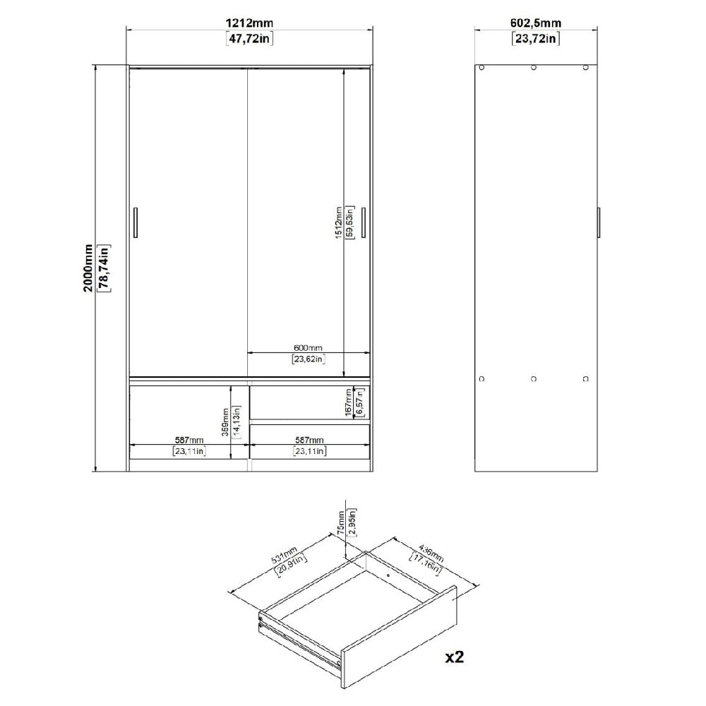 Technical drawing of CHOICEWARDROBE Lebanon Oak Sliding Door Wardrobe with 2 doors and 2 drawers.
