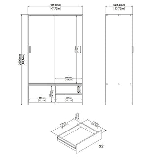 Technical drawing of the CHOICEWARDROBE Lebanon Oak Sliding Door Wardrobe (2 doors, 2 drawers) in black and white with millimeter and inch dimensions: height, width, depth, internal shelves, and separate drawer view.