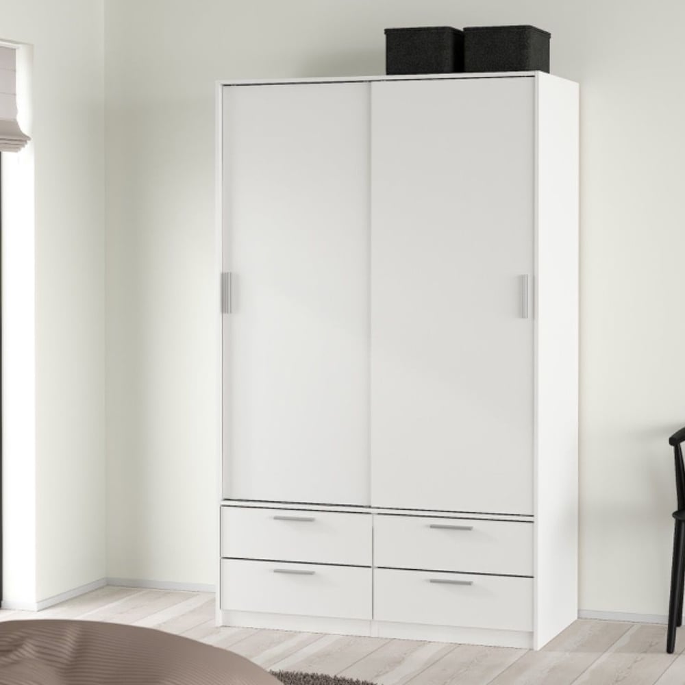 White 2-door sliding wardrobe with 4 drawers.