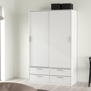 The CHOICEWARDROBE Lebanon White Sliding Door Wardrobe features 2 doors and 4 drawers, providing modern minimalist bedroom storage in a space-saving design. Black storage boxes sit on top, complementing the light-colored room decor.