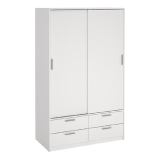 The CHOICEWARDROBE Lebanon White Sliding Door Wardrobe has 2 doors, 4 drawers with silver handles, and a sleek minimalist design—ideal for modern bedrooms and space-saving storage.