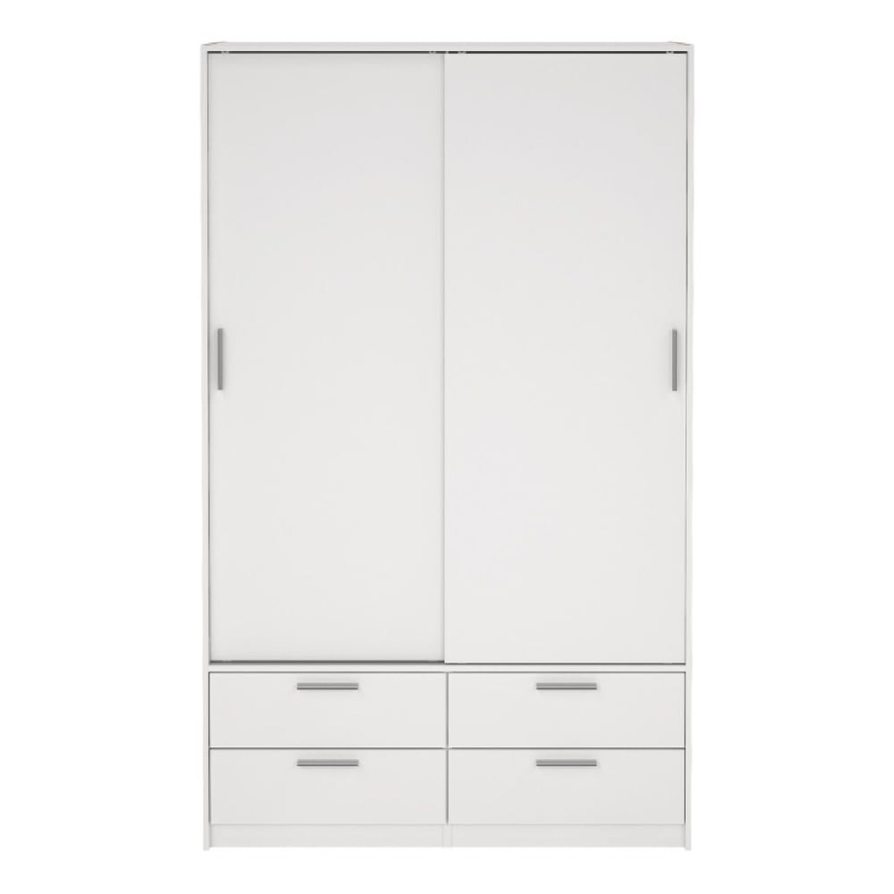 White 2-door sliding wardrobe with 4 drawers and horizontal silver handles.