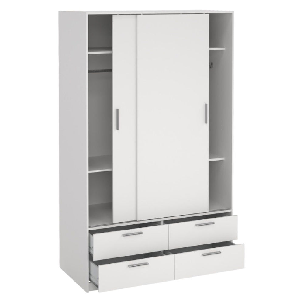 White sliding door wardrobe with 2 doors and 4 bottom drawers.