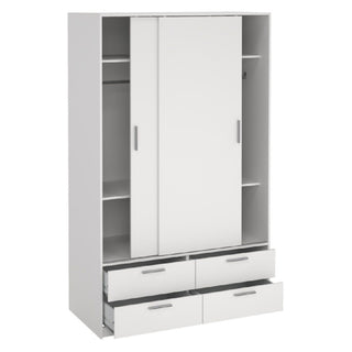 The CHOICEWARDROBE Lebanon White Sliding Door Wardrobe features a modern minimalist design, 2 doors, 4 bottom drawers, side shelves, and a left hanging rod—ideal space-saving storage for any contemporary bedroom.
