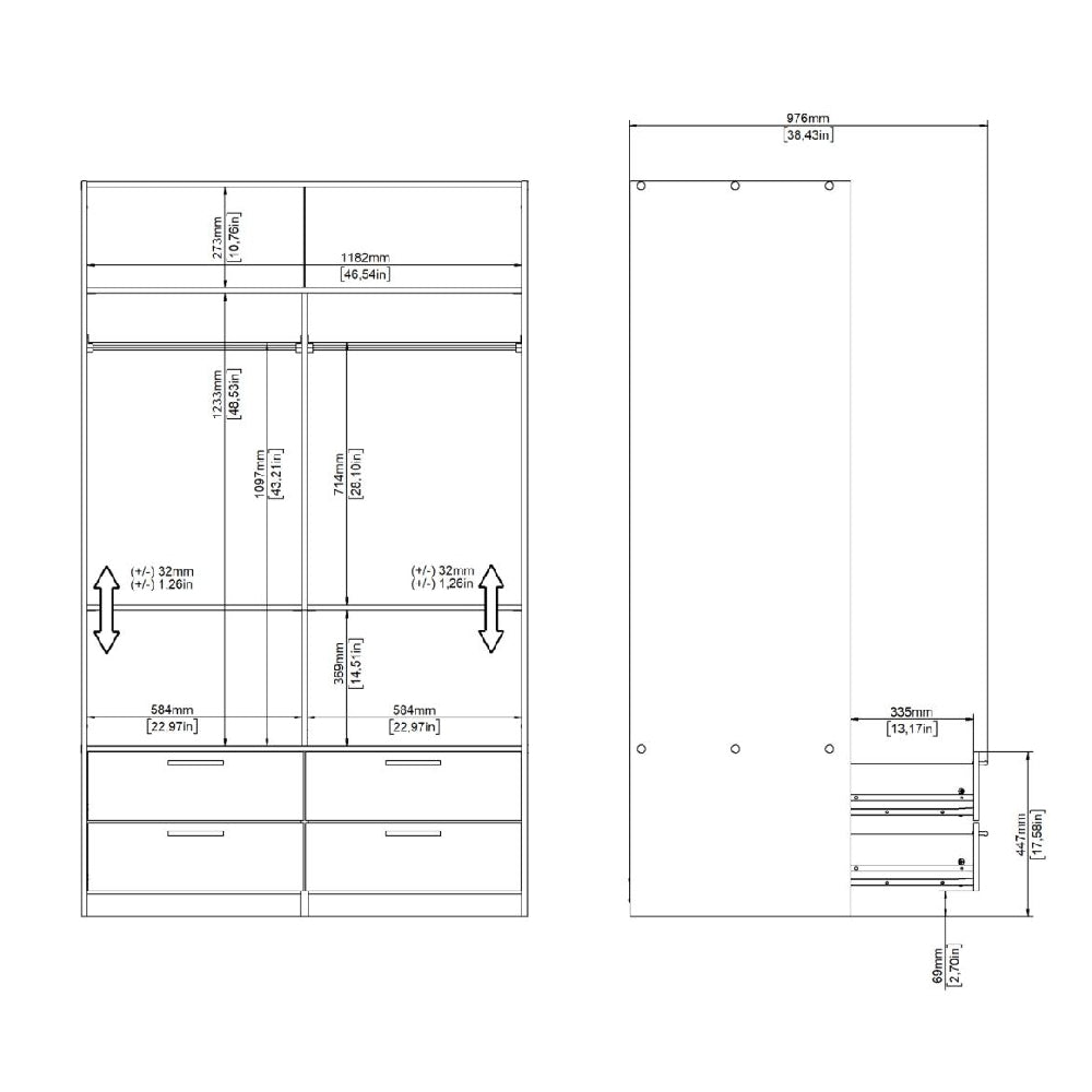 Technical drawing of CHOICEWARDROBE Lebanon 2-door sliding wardrobe with 4 drawers, showing dimensions