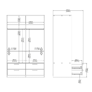 Technical drawing of the CHOICEWARDROBE Lebanon White Sliding Door Wardrobe, a 2-door unit with 4 drawers. Features front/side views, internal compartments, hanging rods, and labeled measurements in mm/inch—perfect for modern space-saving storage.