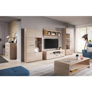 A modern living room with light wood furniture, including the CHOICEWARDROBE Lecco 2 Door Wooden Wardrobe in oak effect finish, a wall unit with cabinets, TV, glass shelves, a coffee table, and blue seating. Large windows and neutral walls complete the decor.