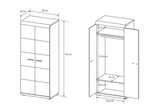 Line drawing of the CHOICEWARDROBE Lecco 2 Door Wooden Wardrobe in oak effect, 80x54x194 cm, showing interior with hanging rail, shelf, and labeled dimensions; features modern handles and vertical panel detailing for contemporary bedrooms.