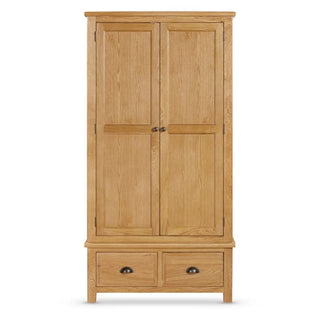 The CHOICEWARDROBE Lecco 2 Door Wooden Wardrobe features a solid oak finish, two paneled doors, two bottom drawers with metal handles, and a timeless natural wood look ideal for traditional bedrooms.