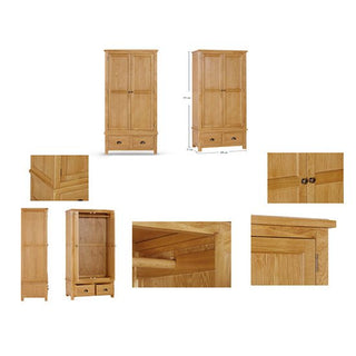 The CHOICEWARDROBE Lecco 2 Door Wooden Wardrobe in solid oak finish is displayed from various angles, showcasing its handles, joints, wood grain, measurements, drawers, and interior shelving for classic bedroom storage.