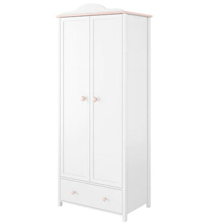 The CHOICEWARDROBE Lenoir Kids 2 Door Wardrobe in white offers charming bedroom storage, featuring a single drawer and hanging rail—ideal for children’s rooms.