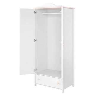 The CHOICEWARDROBE Lenoir Kids 2 Door Wardrobe in white has a handy hanging rail, bottom drawer, and charming pink knobs—ideal for kids’ bedroom storage with a simple design that keeps clothes organized.