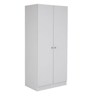 The CHOICEWARDROBE Leon 2 Door Hinged Wardrobe in a light grey matt finish, shown against a white background, offers compact storage with a simple modern design and solid base, measuring 80cm wide.