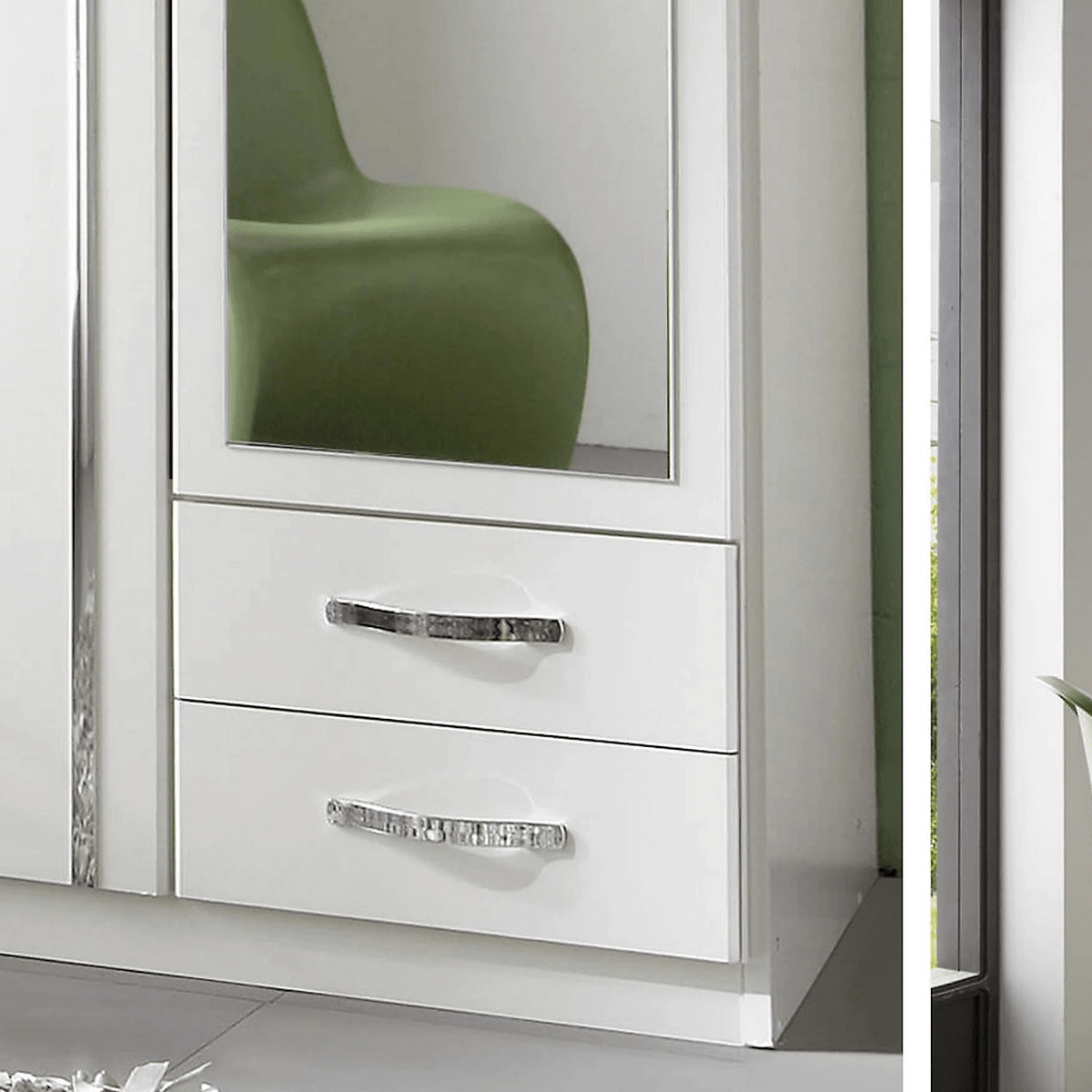 High gloss white wardrobe with mirrored door, two drawers and crystal-effect handles