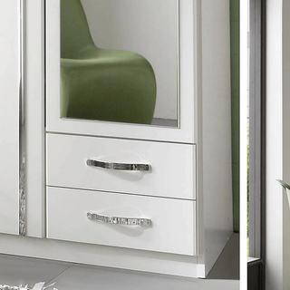 The CHOICEWARDROBE Liora 2 Door Wardrobe in high gloss white features a single mirrored door, two storage drawers with metallic handles, and is perfect for stylish bedroom organization.