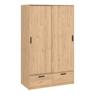 The CHOICEWARDROBE Liston is a 121cm oak-finished wooden wardrobe with two sliding doors, two bottom drawers, black handles on both doors and drawers, and a flat base—ideal modern storage for bedrooms.
