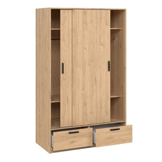 The CHOICEWARDROBE Liston 121cm 2 Door 2 Drawer Wooden Wardrobe in oak finish features sliding doors, four open side shelves, a hanging rod, and two partially open bottom drawers for stylish modern bedroom storage.