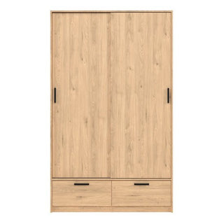 The CHOICEWARDROBE Liston 121cm Oak Finish Wardrobe offers modern bedroom storage with 2 sliding doors and 2 drawers, combining a sleek look with practical design.