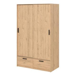 The CHOICEWARDROBE Liston 121cm wardrobe features a sleek oak finish, two sliding doors with black handles, and two drawers. This modern storage solution is ideal for bedrooms seeking style and practicality.