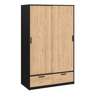 The CHOICEWARDROBE Liston 2 Door Sliding Wardrobe in black and oak finish features sliding doors with black vertical handles, two drawers with horizontal handles, and a natural wood touch for modern storage.
