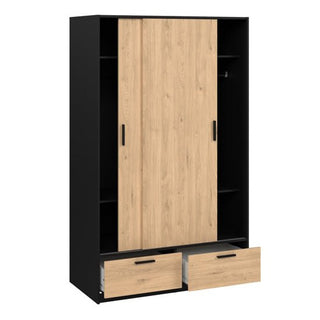 The CHOICEWARDROBE Liston 2 Door Sliding Wardrobe in Black & Oak features central sliding doors, two lower drawers, and open side shelves for modern storage.