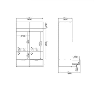 Technical line drawing of the CHOICEWARDROBE Liston 2 Door Sliding Wardrobe in black & oak, with labeled dimensions in millimeters—front and side views show height, width, depth, shelf heights, and 2 drawer placement.