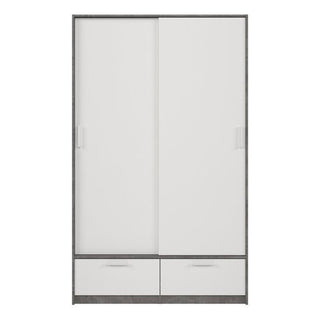 The CHOICEWARDROBE Liston 2 Door Sliding Wardrobe features a concrete effect frame, white panels, and two bottom drawers—perfect for adding an industrial touch to modern spaces.