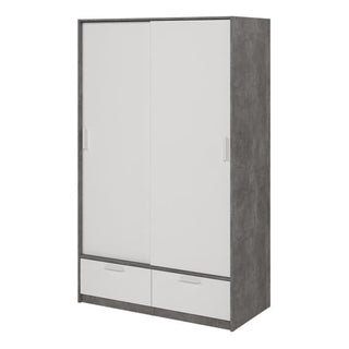 The CHOICEWARDROBE Liston 2 Door Sliding Wardrobe features a concrete effect frame, white sliding panels, and two bottom drawers, all photographed against a white background.