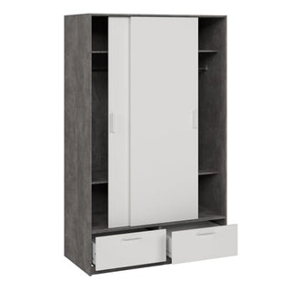 The CHOICEWARDROBE Liston 2 Door Sliding Wardrobe features a concrete effect frame, white panels, two open bottom drawers, and side storage shelves for a modern minimalist look.