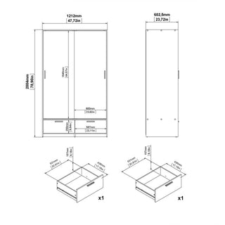 Technical drawing of the CHOICEWARDROBE Liston 2 Door Sliding Wardrobe – Concrete Effect Frame & White Panels with Drawers, shown in front, side, and perspective views. Dimensions: 2040mm (80.31in) H x 1212mm (47.72in) W x 602.5mm (23.72in) D.